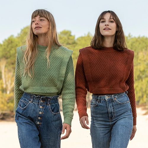 Pull VIBRATO Marron châtaigne - Vert amande - Laine recyclée
