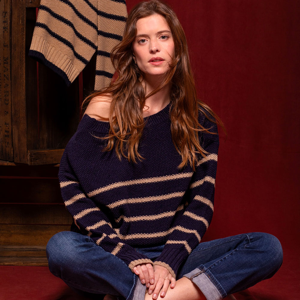 pull “MARÉE” marine rayures beiges - Laine/coton recyclé