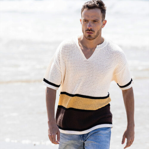 pull “NOMADE” écru jaune marron - Coton recyclé