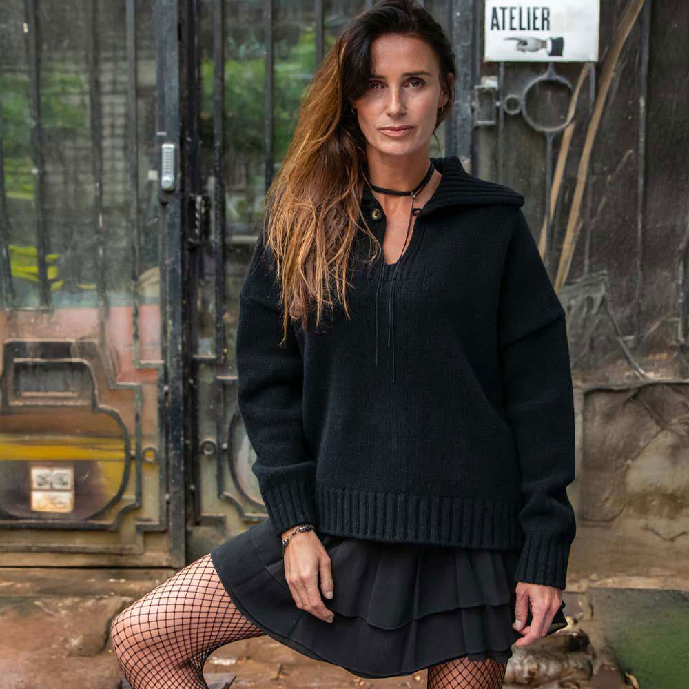 pull “DEFERLANTE” noir – Laine extra fine recyclée