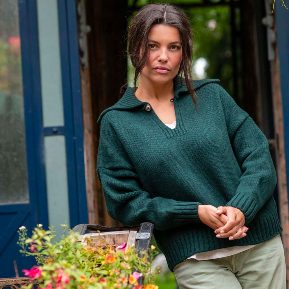 pull “DEFERLANTE” vert sapin – Laine extra fine recyclée