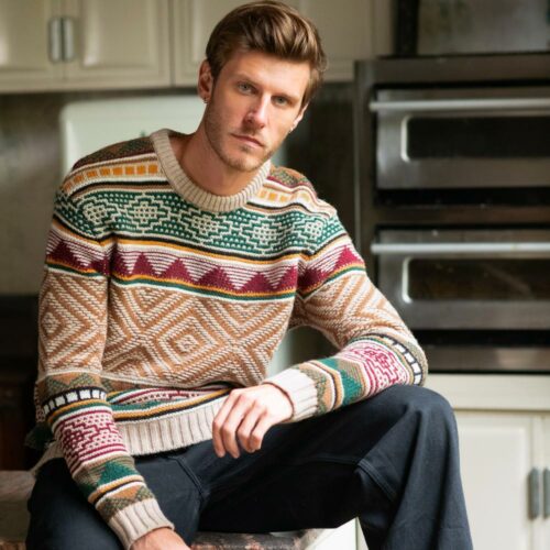 pull “VOYAGE” camel vert bordeaux - Laine recyclée